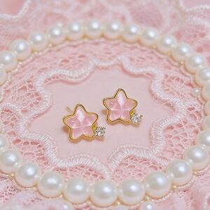 Pink Enamel Star & Crystal Stud Earrings Kawaii Dainty Style